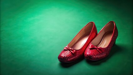 Ruby slippers on emerald green background, rue slippers, emerald green, shiny, footwear, fashion, glamorous, wizard of oz