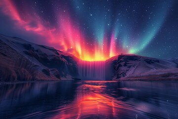 Fototapeta premium Waterfall with northern lights, aurora borealis, vibrant hues, serene flow, tranquil pool, stars reflecting, water surface, gentle cascade, nature's splendor, serene setting, peace