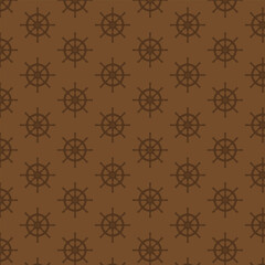 Seamless pattern with dark brown ship wheels on a lighter brown background. Ideal for nautical-themed designs, fabric, wallpaper, and wrapping paper. Vector image, brown background, pirates background