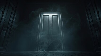 Mysterious closed door in a dark, foggy atmosphere, creating an eerie and suspenseful scene. Perfect for horror or thriller themes.