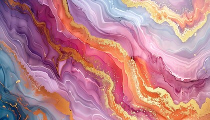 Abstract background of acrylic paint in pink, blue and gold colors. Liquid marble pattern.