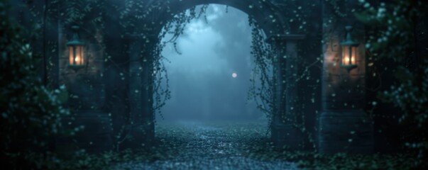 Mysterious foggy night scene in a dark enchanted garden with ivy-covered archway and glowing lanterns.