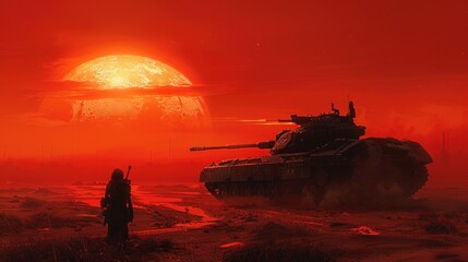 Against the backdrop of a blood-red sky, the obsidian tank stands as a silent sentinel, its sleek form bathed in the warm glow of twilight, a harbinger of the coming darkness.