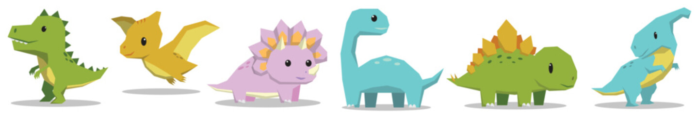 Cute dinosaur cartoon vector set featuring colorful and happy dinos, perfect for kids. Includes T-Rex, pterodactyl, triceratops, and more. Isolated on white background.
