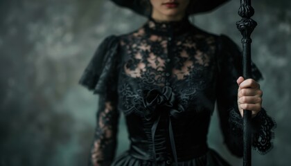 Mysterious woman in vintage black lace dress holding a staff, evoking a dark and gothic atmosphere against a moody background.