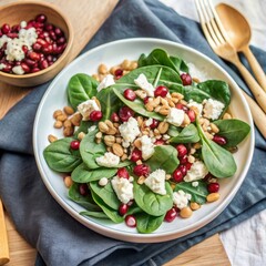 Spinach salad with feta, pomegranate seeds, and pine nuts, suitable for the DASH diet.