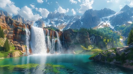 Fototapeta premium Waterfall in the mountains, rugged terrain, snow-capped peaks, vibrant colors, serene flow, tranquil pool, dramatic landscape, nature's beauty, serene setting, gentle cascade, tran