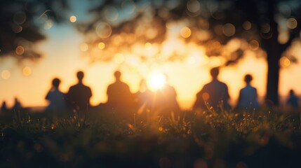 Fototapeta premium Silhouetted group of people enjoying a sunset in a park, with a beautiful bokeh effect and warm glowing sunlight.