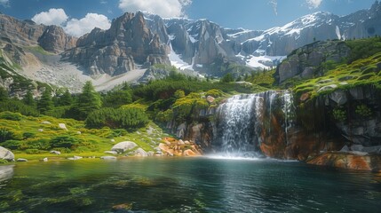 Fototapeta premium Waterfall in the mountains, rugged terrain, snow-capped peaks, vibrant colors, serene flow, tranquil pool, dramatic landscape, nature's beauty, serene setting, gentle cascade, tran
