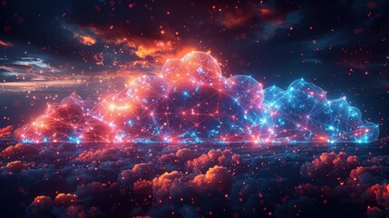 A stunning digital artwork of glowing neon clouds in the twilight sky, combining surreal elements with a futuristic ambiance.