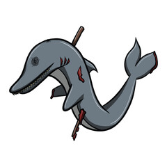 Dark, eerie illustration of a zombie dolphin with scars and wounds. Great for Halloween themes, horror designs, and unique character art. Vector image, eps format, poor dolphin. Halloween theme.