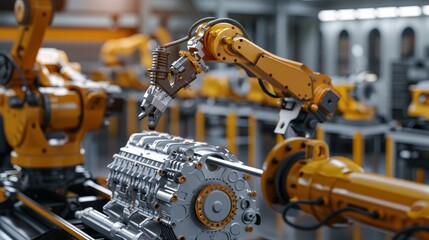 Precision in Motion Robotic Arm Crafting Engine Components in StateoftheArt Factory