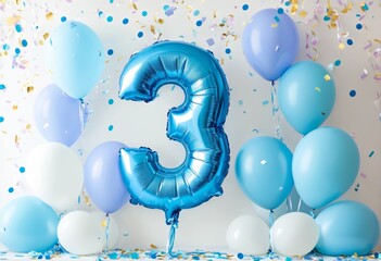 A festive celebration of the third birthday with balloons and confetti in blue pastel tones, an inflatable balloon with the number 3 on a white background.