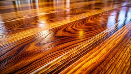 Vibrant sheen of varnished wooden surface, soft focus on subtle wood grain, showcasing rich tones and glossy finish, perfect for textures and backgrounds.