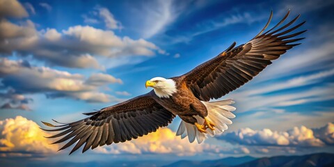Obraz premium Majestic American bald eagle flying in the sky, wildlife, predator, symbol, strength, freedom, bird of prey, national bird