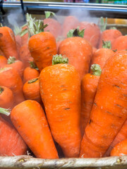 Carrot in a grocery store. Vegetable displayed in the shop. Sprayed to keep it fresh. Eco-friendly product.