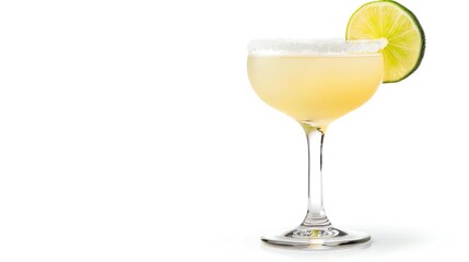 A classic margarita in a saltrimmed glass, garnished with a lime wedge, set against a bright white background with ample copy space, highlighting its refreshing appeal
