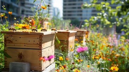 A bee pollinating flowers in a garden
