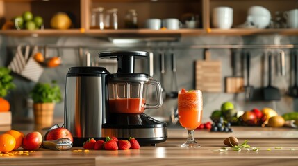 A modern kitchen setting featuring a sleek juicer machine in action, juicing a variety of fruits, with a glass of fresh juice ready to drink and copy space