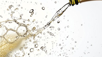 Closeup of a champagne bottle being uncorked, with bubbles and froth spilling over, isolated on a white background with ample copy space