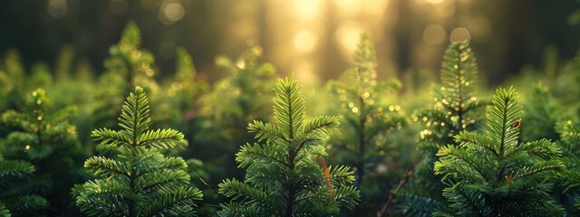  A tight shot of a pine tree, sun rays filtering through its foliage from beyond