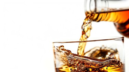 Closeup of a whiskey bottle being poured into a glass, highlighting the rich amber color and smooth texture, isolated on a white background with ample copy space