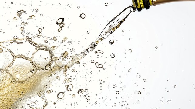 Closeup of a champagne bottle being uncorked, with bubbles and froth spilling over, isolated on a white background with ample copy space