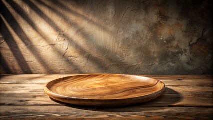 Obraz premium Rustic wooden plate on a neutral background with dramatic shadows, perfect for showcasing food, cosmetics, or jewelry products in a natural setting.