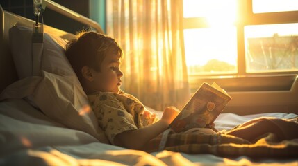 A ray of sunlight streams through a hospital window, illuminating a child reading a book, signifying hope and healing.