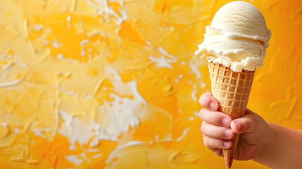A child holding an ice cream cone in front of a yellow wall