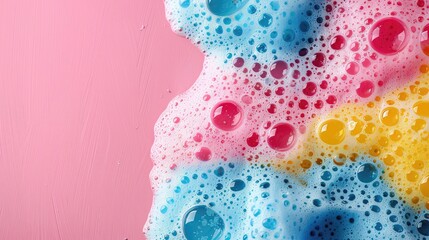 A colorful bubble bath with pink, yellow, and blue bubbles