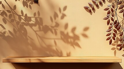 A shelf with a shadow of a leaf on it