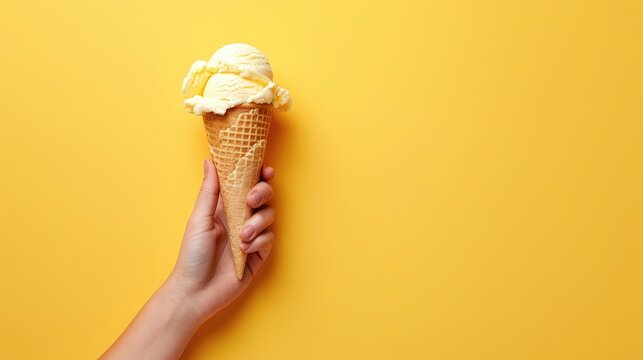 A hand holding a cone of ice cream