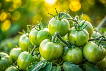 Fresh green tomatoes clustered together, some slightly ripening, with leaves and stems, in a blurred soft focus background, showcasing summer's harvest delight.