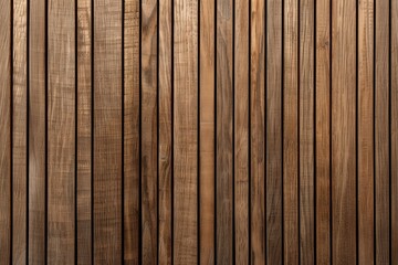 Obraz premium A vertical background of brown wood with thin grooves, straight lines and even spaces. The wall is made from natural oak, the grain has visible patterns. The texture resembles an old wooden surface. T