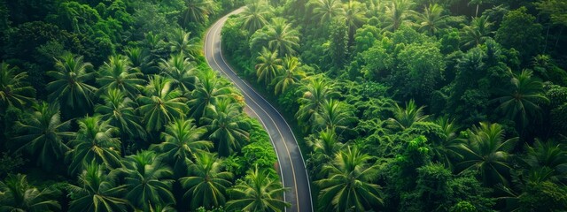  A birds-eye perspective of a jungle road, bordered by palm trees on each side