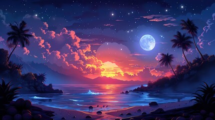 Moonlit Island with Palm Trees and Cloudy Sky