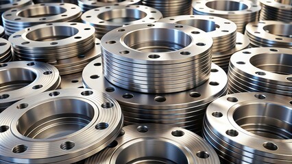 A stack of metal flanges piled on top of each other , metal, industrial, shiny, steel, manufacturing, equipment