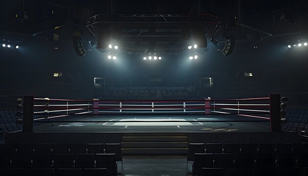 An empty boxing ring with spotlights above, ready for a fight