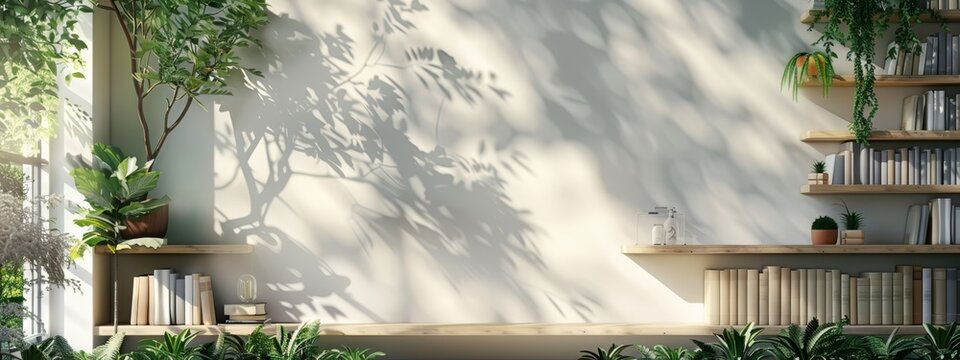  A bookshelf against a wall, filled with numerous books Shadow of a tree cast nearby