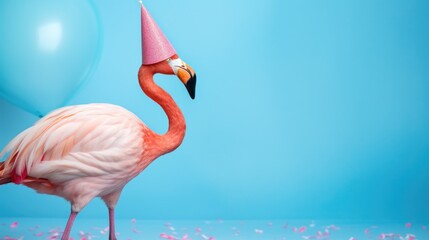 Funny flamingo with birthday party hat on blue background.