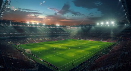 Packed soccer stadium with illuminated night sky and intense match underway