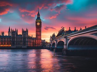 Naklejka premium Photo of Big Ben and houses ofcorgen in London, England with black bridge on river thames at sunset. 