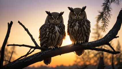 Two owls are perched on a branch