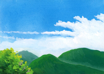 mountains landscape with blue sky and clouds background hand painted poster color illustration