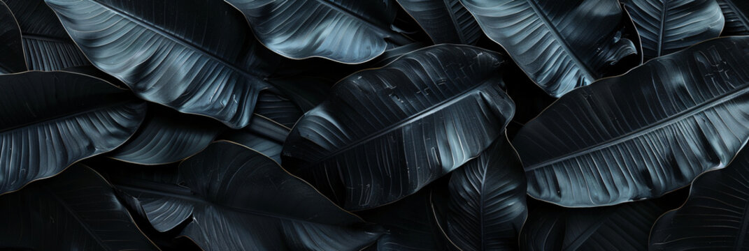 Black banana leaves texture, abstract nature background, dark blackground banner design.



