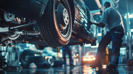 Fototapeta premium Precision in Motion Expert Mechanic Ensuring Brake Safety at Auto Workshop