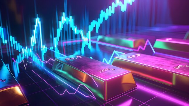 Futuristic Digital of Gold Bars and Rising Chart in Vibrant Neon Colors