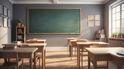 Empty classroom with sunlight streaming through the window, illuminating a blackboard and wooden desks. Concept of education, back to school, learning, and teaching.