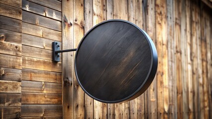 Empty circular black street store sign template mounted on a worn wooden wall, awaiting branding or signage, surrounded by a subtle distressed wooden texture background.